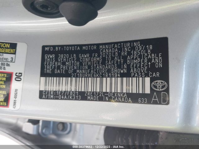 Photo 8 VIN: 2T1BURHE6KC181194 - TOYOTA COROLLA 