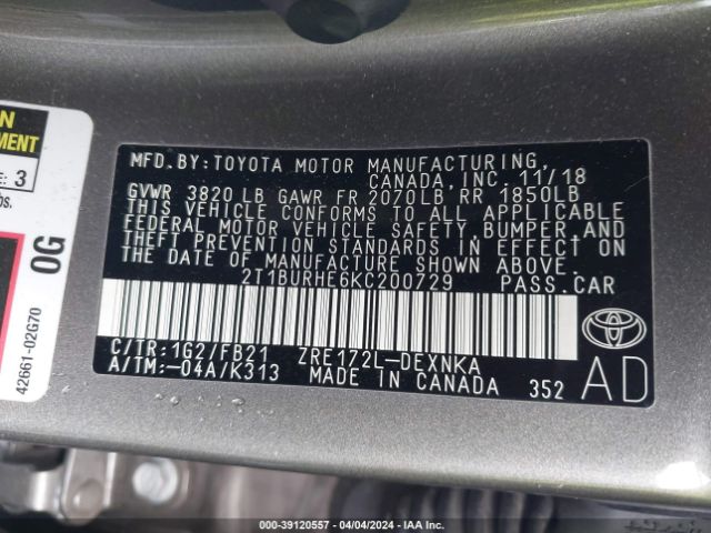 Photo 8 VIN: 2T1BURHE6KC200729 - TOYOTA COROLLA 