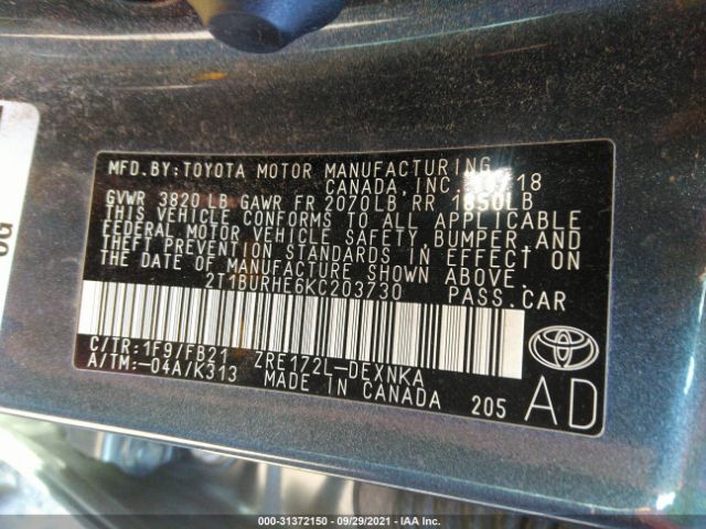 Photo 8 VIN: 2T1BURHE6KC203730 - TOYOTA COROLLA 