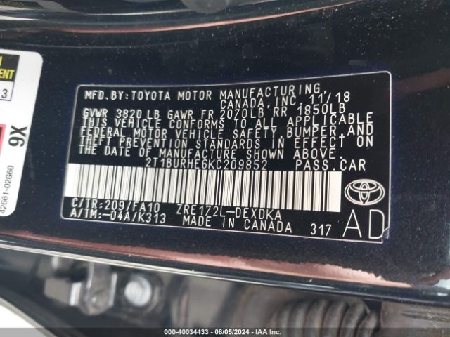 Photo 8 VIN: 2T1BURHE6KC209852 - TOYOTA COROLLA 