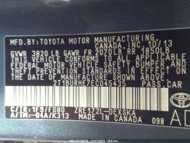 Photo 8 VIN: 2T1BURHE7EC045435 - TOYOTA COROLLA 