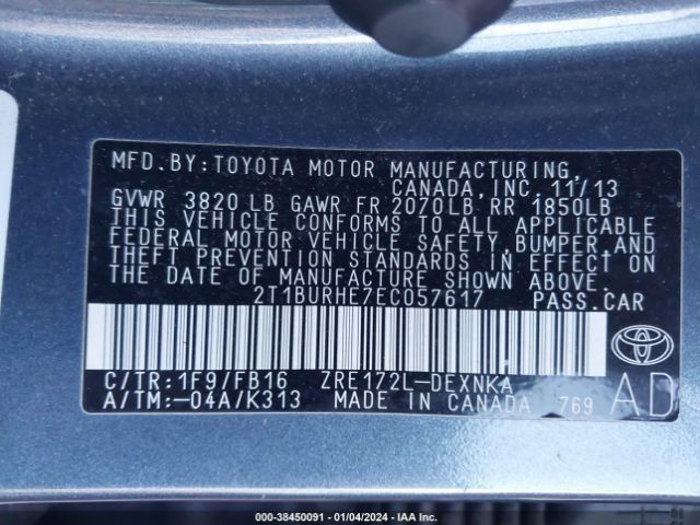 Photo 8 VIN: 2T1BURHE7EC057617 - TOYOTA COROLLA 