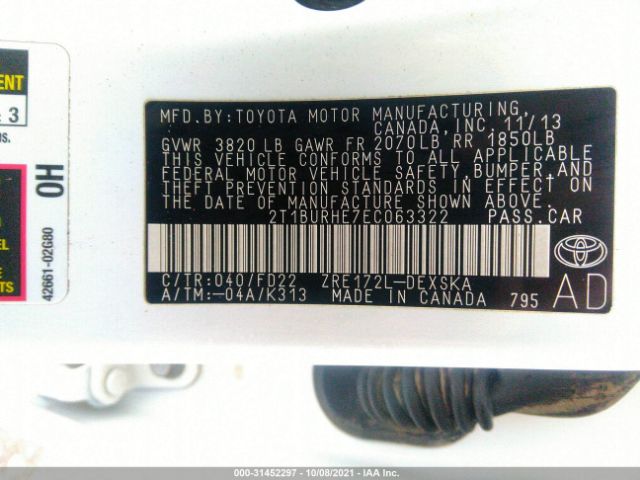 Photo 8 VIN: 2T1BURHE7EC063322 - TOYOTA COROLLA 