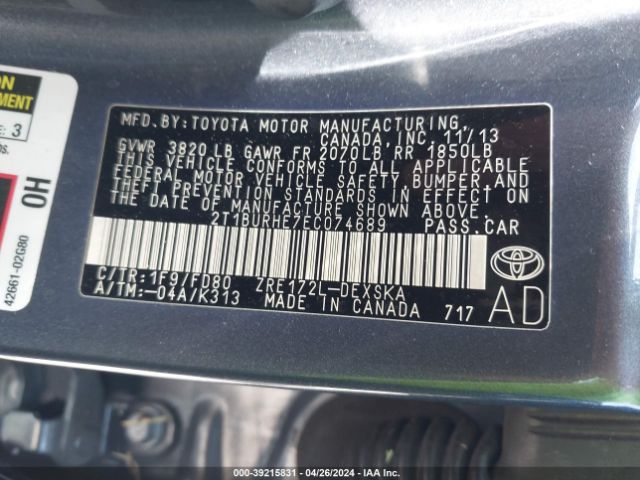 Photo 8 VIN: 2T1BURHE7EC074689 - TOYOTA COROLLA 