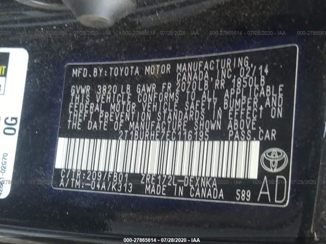 Photo 8 VIN: 2T1BURHE7EC116195 - TOYOTA COROLLA 