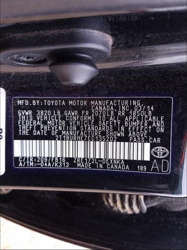 Photo 9 VIN: 2T1BURHE7EC135202 - TOYOTA COROLLA L 