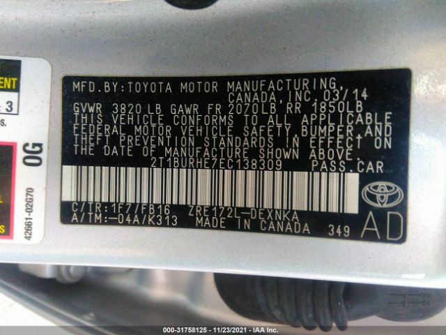 Photo 8 VIN: 2T1BURHE7EC138309 - TOYOTA COROLLA 