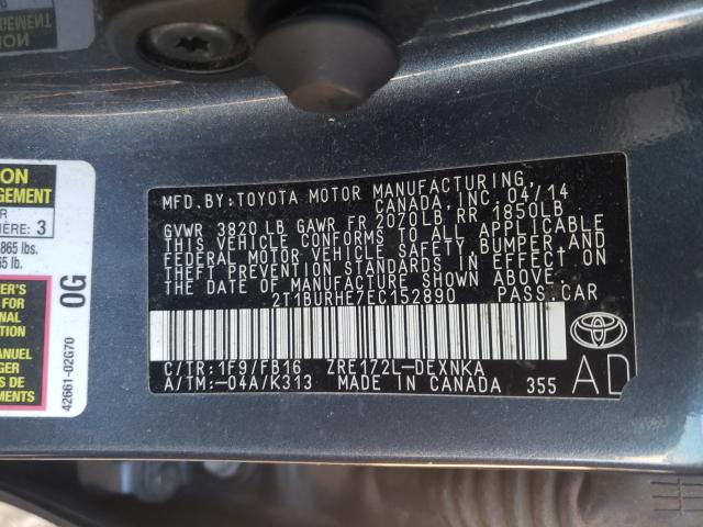 Photo 9 VIN: 2T1BURHE7EC152890 - TOYOTA COROLLA L 