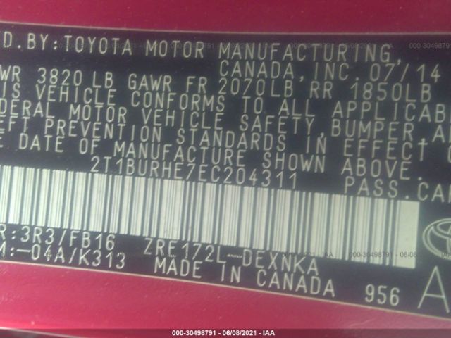 Photo 8 VIN: 2T1BURHE7EC204311 - TOYOTA COROLLA 