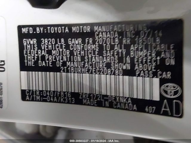 Photo 8 VIN: 2T1BURHE7EC208780 - TOYOTA COROLLA 