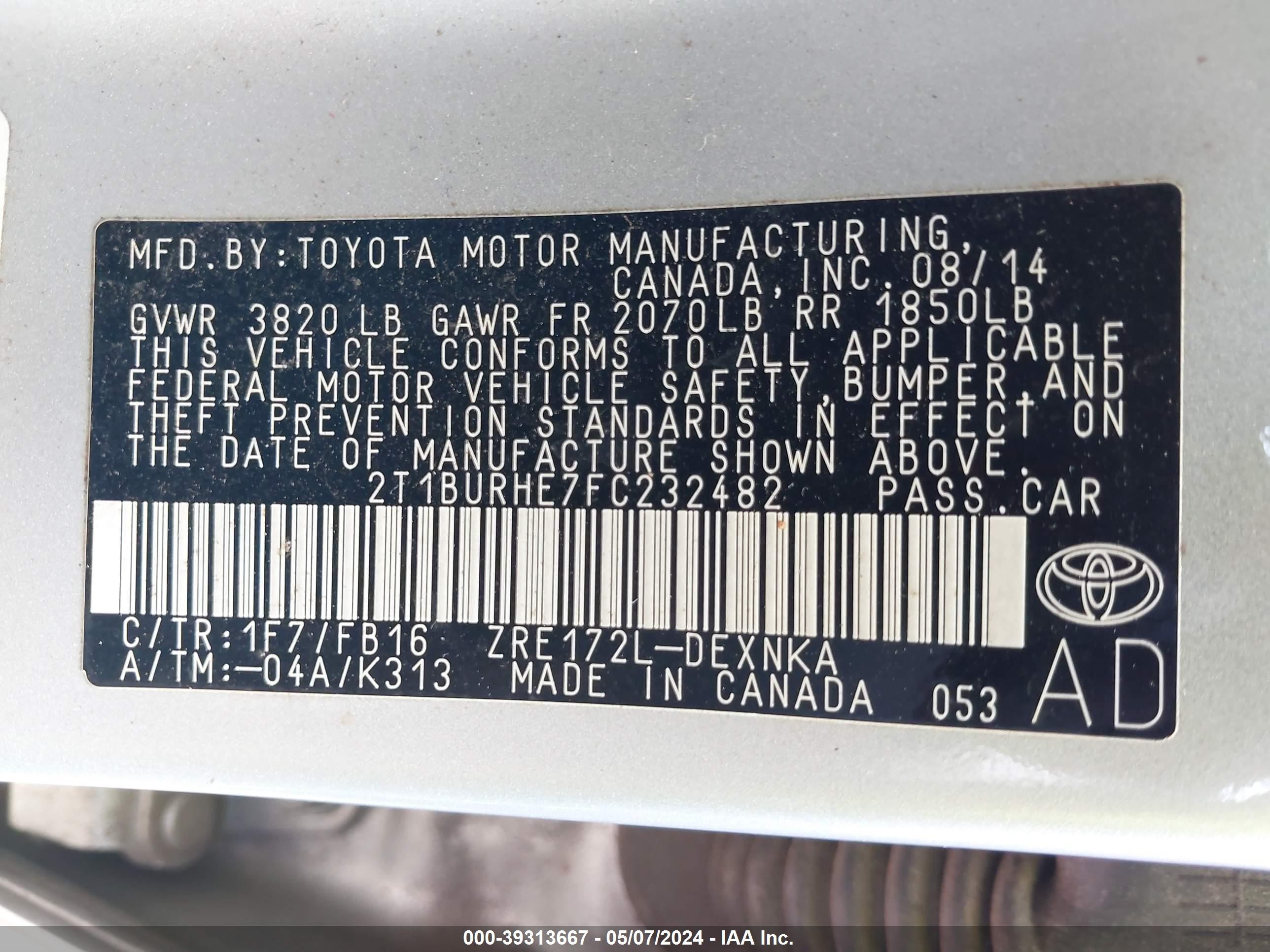 Photo 8 VIN: 2T1BURHE7FC232482 - TOYOTA COROLLA 