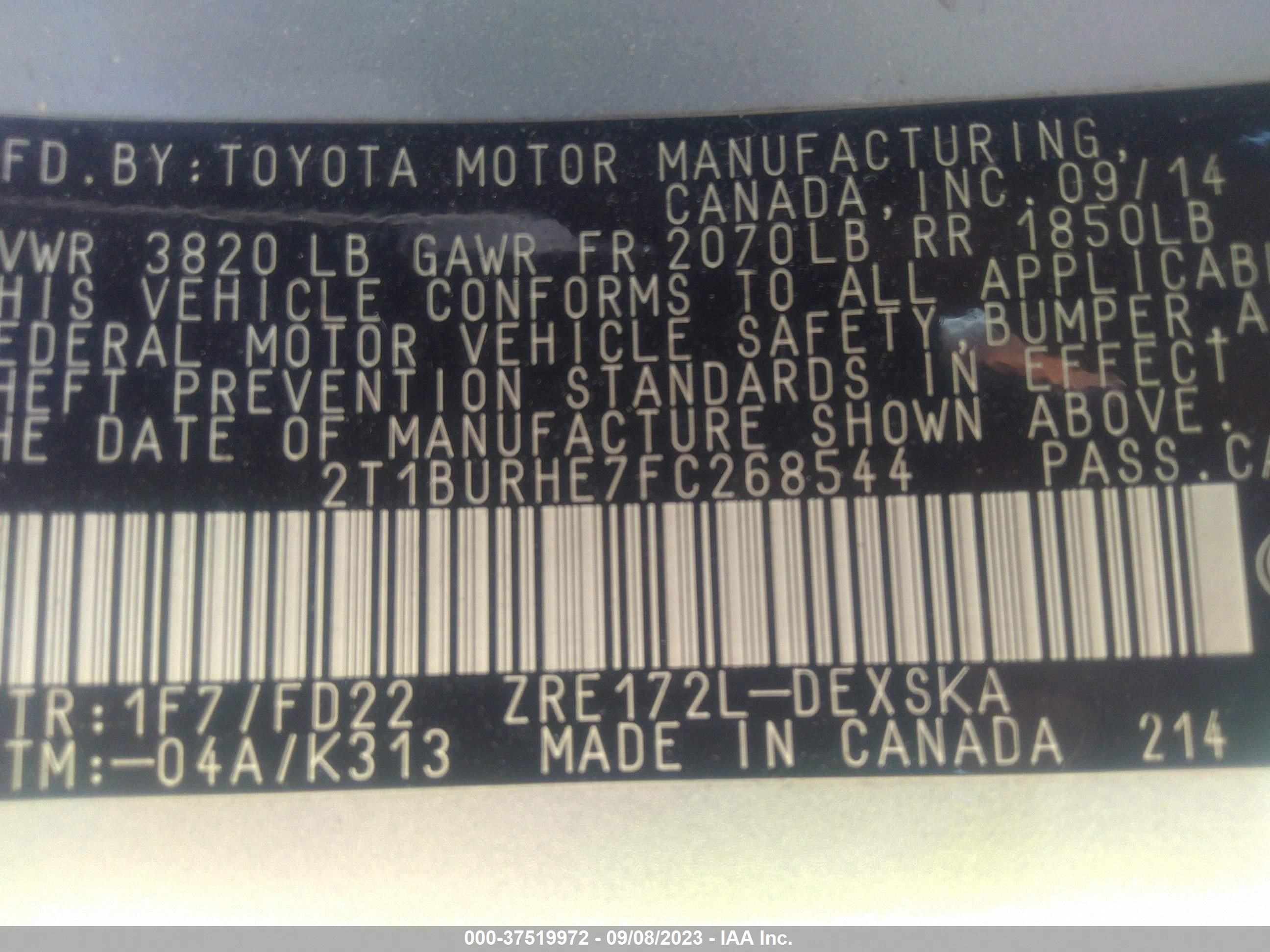 Photo 8 VIN: 2T1BURHE7FC268544 - TOYOTA COROLLA 