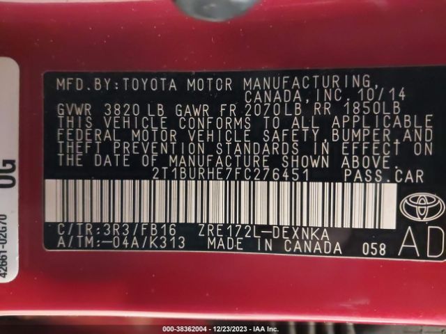 Photo 8 VIN: 2T1BURHE7FC276451 - TOYOTA COROLLA 