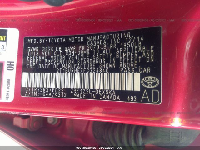 Photo 8 VIN: 2T1BURHE7FC324840 - TOYOTA COROLLA 