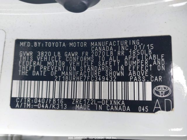 Photo 8 VIN: 2T1BURHE7FC349432 - TOYOTA COROLLA 