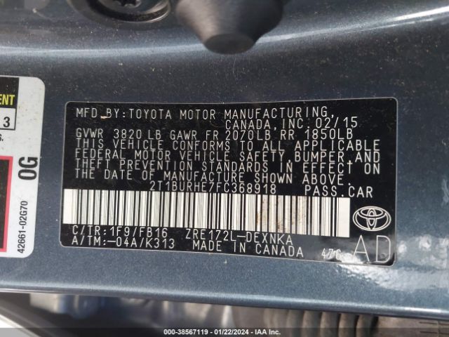 Photo 8 VIN: 2T1BURHE7FC368918 - TOYOTA COROLLA 