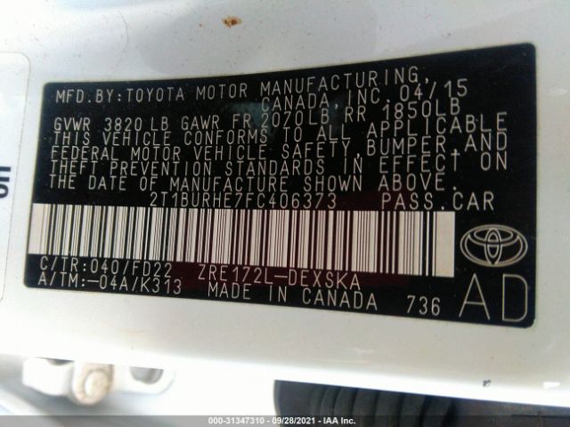 Photo 8 VIN: 2T1BURHE7FC406373 - TOYOTA COROLLA 