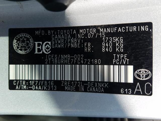 Photo 9 VIN: 2T1BURHE7FC472180 - TOYOTA COROLLA L 