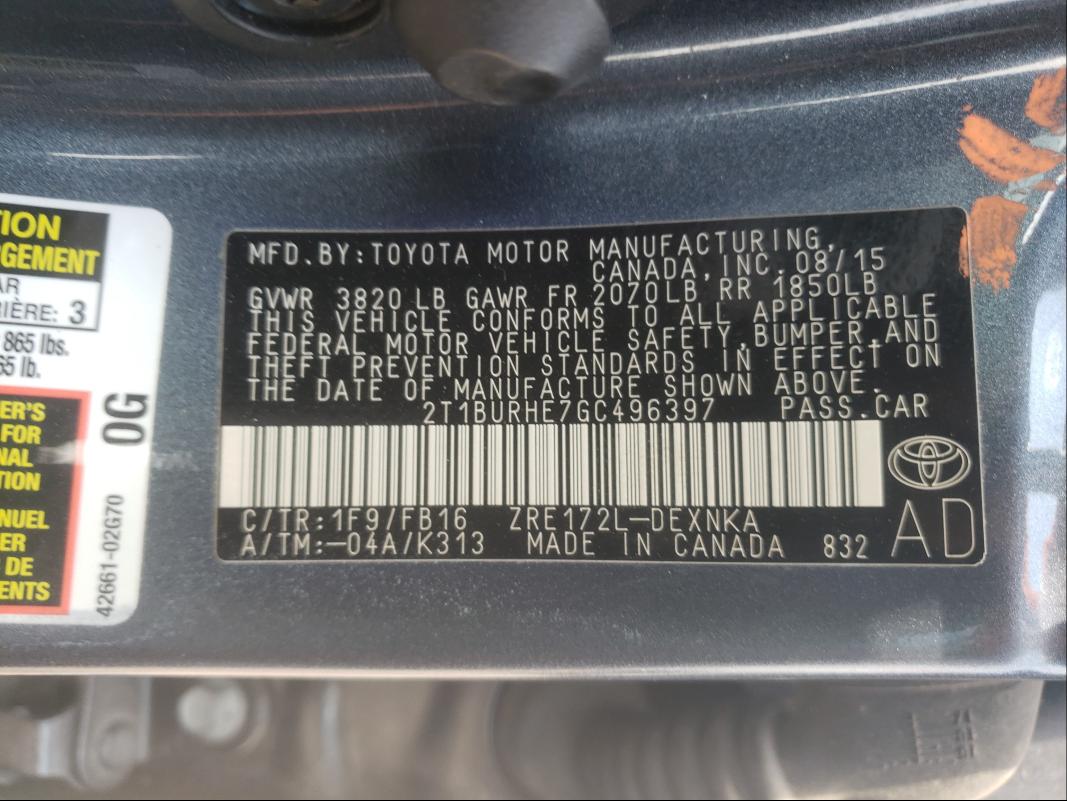 Photo 9 VIN: 2T1BURHE7GC496397 - TOYOTA COROLLA L 