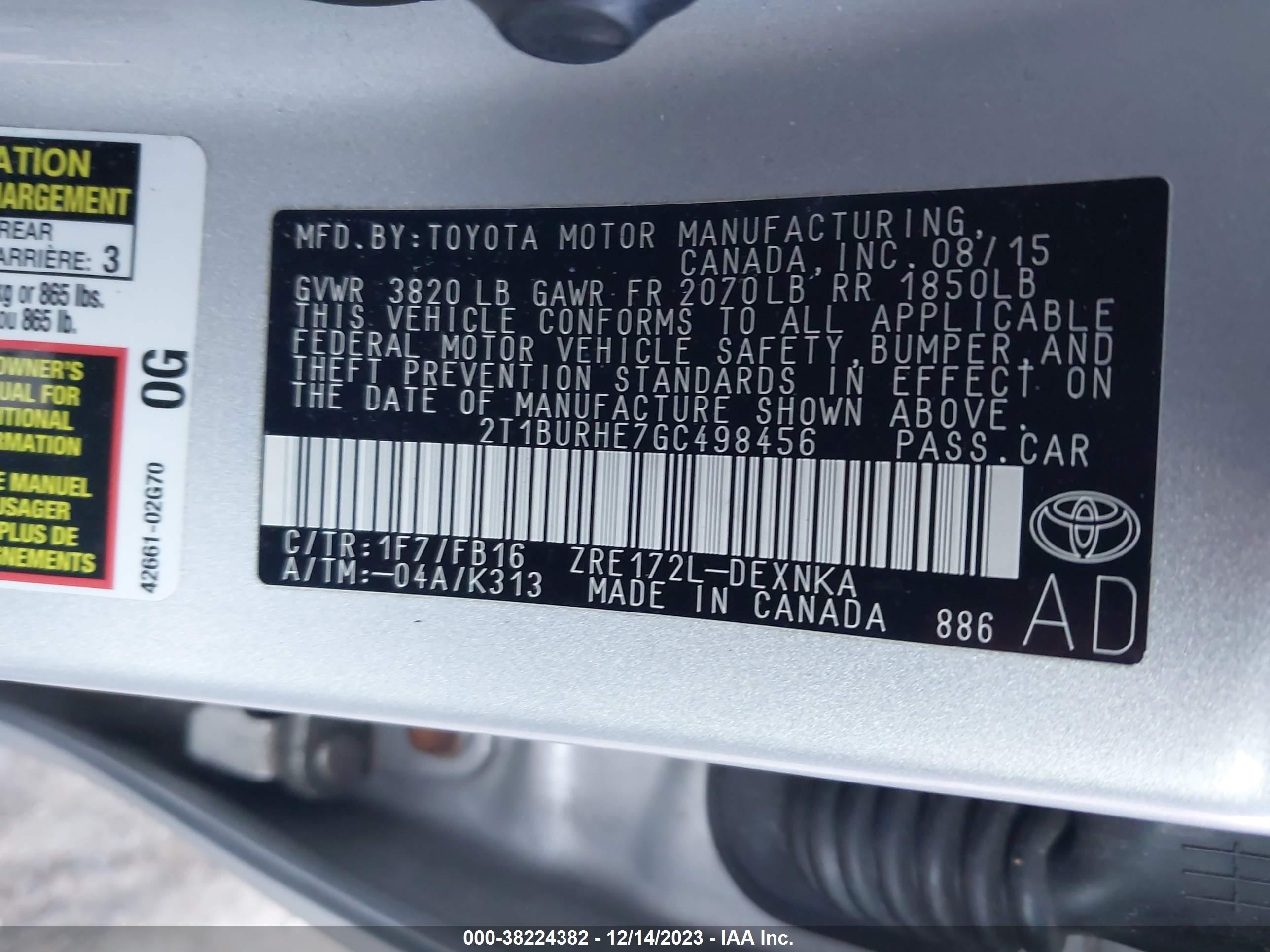 Photo 8 VIN: 2T1BURHE7GC498456 - TOYOTA COROLLA 