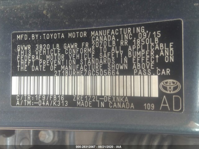 Photo 8 VIN: 2T1BURHE7GC505664 - TOYOTA COROLLA 