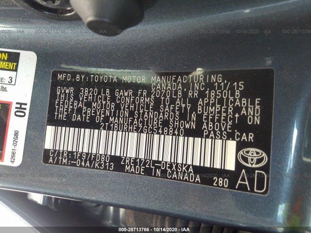 Photo 8 VIN: 2T1BURHE7GC548840 - TOYOTA COROLLA 