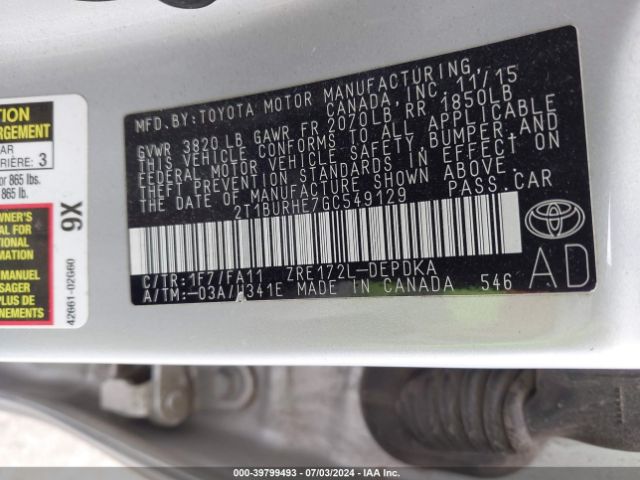 Photo 8 VIN: 2T1BURHE7GC549129 - TOYOTA COROLLA 