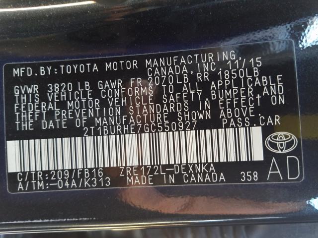 Photo 9 VIN: 2T1BURHE7GC550927 - TOYOTA COROLLA L 