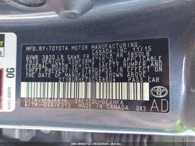 Photo 8 VIN: 2T1BURHE7GC568604 - TOYOTA COROLLA 