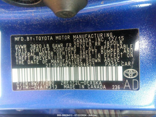 Photo 8 VIN: 2T1BURHE7GC584821 - TOYOTA COROLLA 