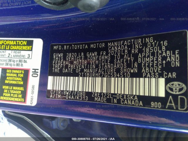 Photo 8 VIN: 2T1BURHE7GC594510 - TOYOTA COROLLA 