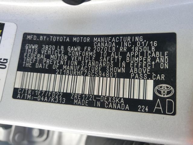 Photo 11 VIN: 2T1BURHE7GC594801 - TOYOTA COROLLA L 