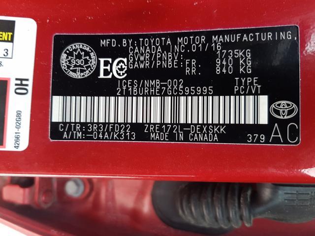 Photo 8 VIN: 2T1BURHE7GC595995 - TOYOTA COROLLA L 