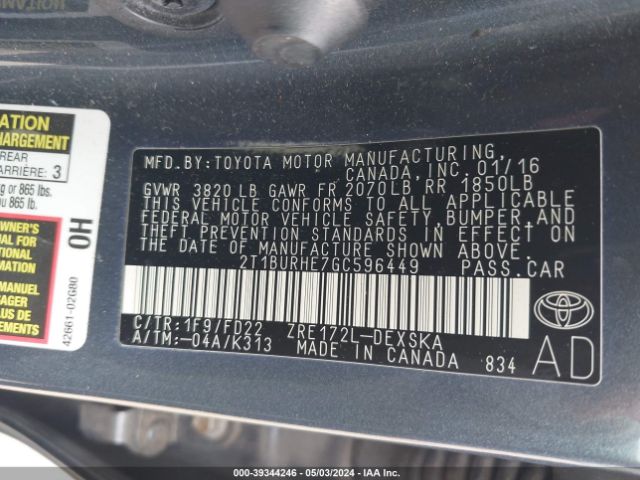 Photo 8 VIN: 2T1BURHE7GC596449 - TOYOTA COROLLA 