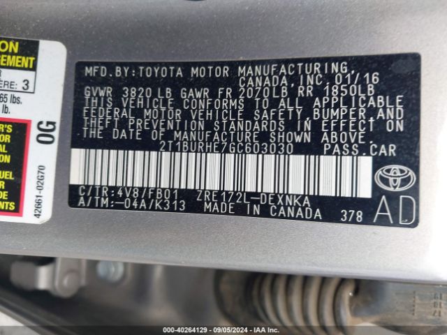 Photo 8 VIN: 2T1BURHE7GC603030 - TOYOTA COROLLA 