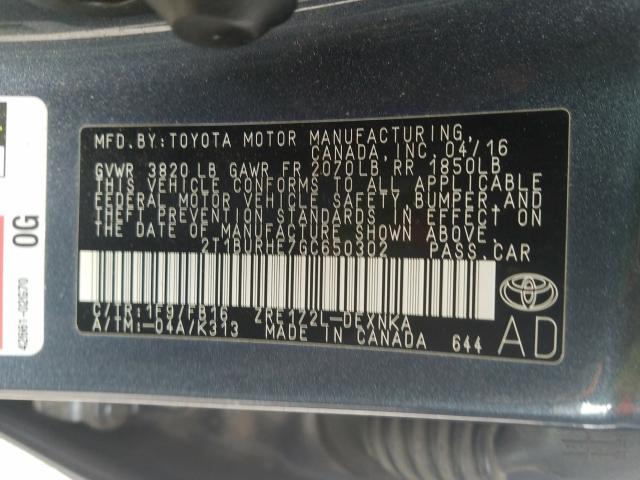 Photo 9 VIN: 2T1BURHE7GC650302 - TOYOTA COROLLA L 