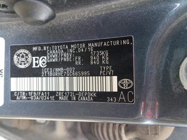 Photo 9 VIN: 2T1BURHE7GC665995 - TOYOTA COROLLA L 