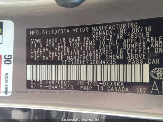 Photo 8 VIN: 2T1BURHE7GC694235 - TOYOTA COROLLA 