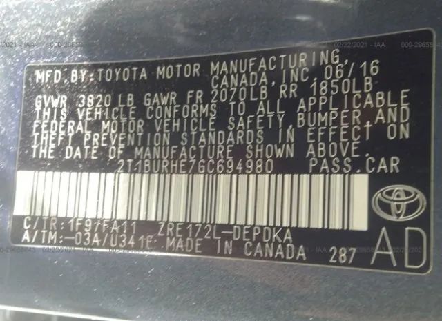 Photo 8 VIN: 2T1BURHE7GC694980 - TOYOTA COROLLA 