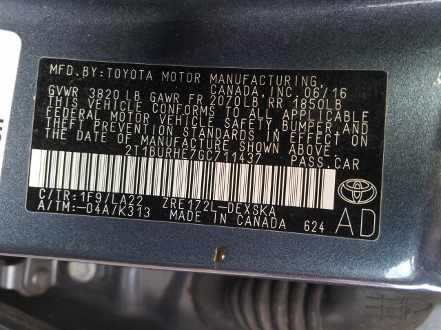 Photo 9 VIN: 2T1BURHE7GC711437 - TOYOTA COROLLA L 