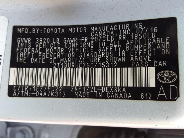 Photo 9 VIN: 2T1BURHE7GC715312 - TOYOTA COROLLA L 