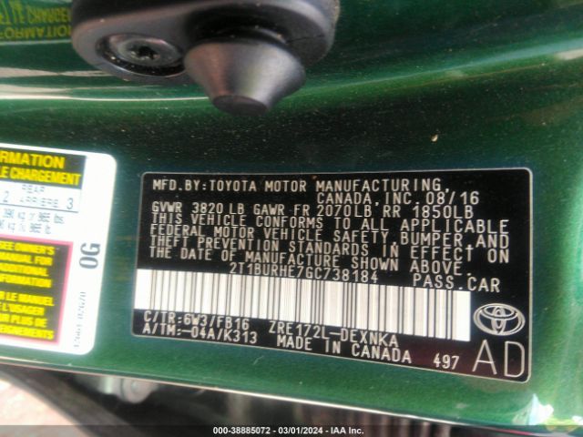 Photo 8 VIN: 2T1BURHE7GC738184 - TOYOTA COROLLA 