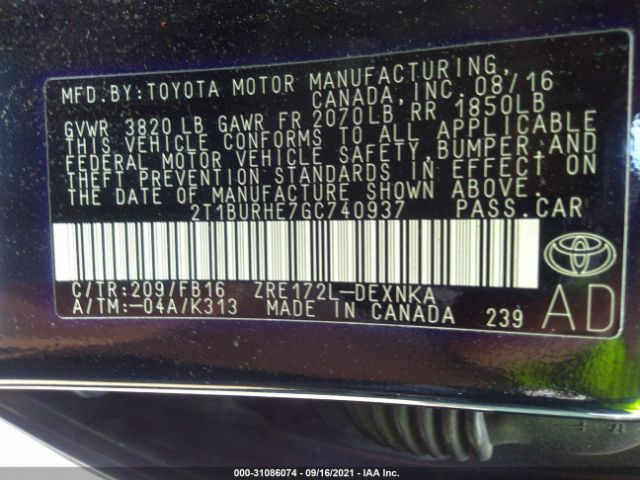 Photo 8 VIN: 2T1BURHE7GC740937 - TOYOTA COROLLA 