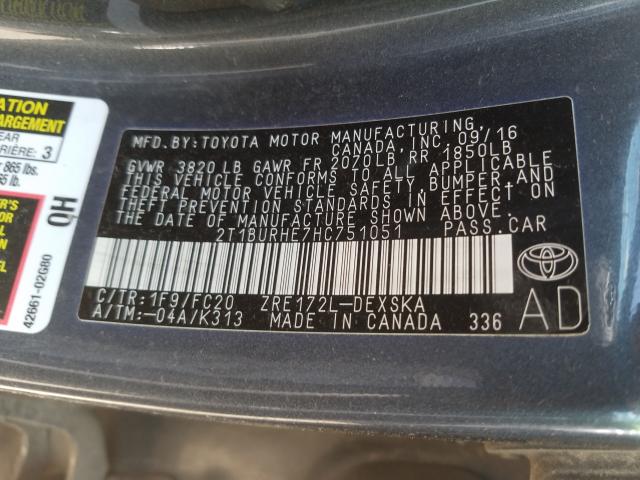 Photo 9 VIN: 2T1BURHE7HC751051 - TOYOTA COROLLA L 