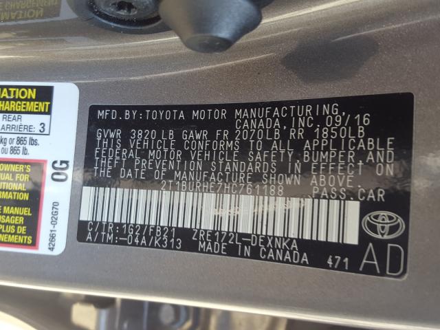 Photo 9 VIN: 2T1BURHE7HC761188 - TOYOTA COROLLA L 