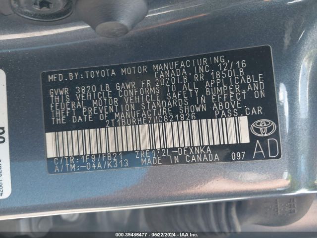 Photo 8 VIN: 2T1BURHE7HC821826 - TOYOTA COROLLA 