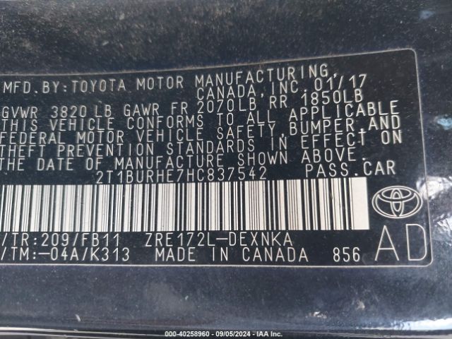 Photo 8 VIN: 2T1BURHE7HC837542 - TOYOTA COROLLA 