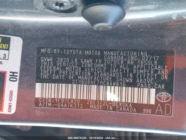 Photo 8 VIN: 2T1BURHE7HC848816 - TOYOTA COROLLA 