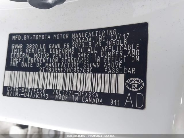 Photo 8 VIN: 2T1BURHE7HC867690 - TOYOTA COROLLA 