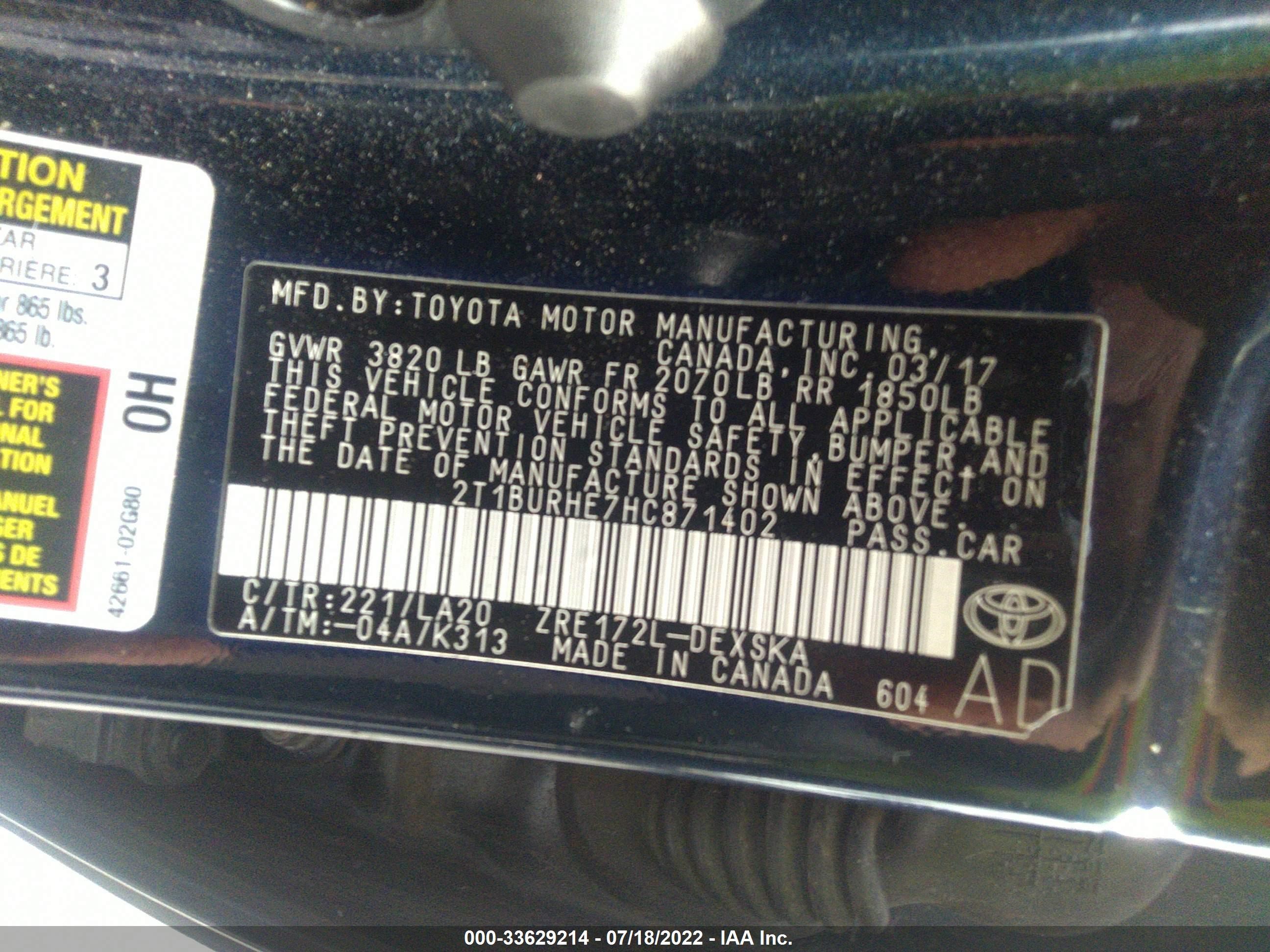 Photo 8 VIN: 2T1BURHE7HC871402 - TOYOTA COROLLA 